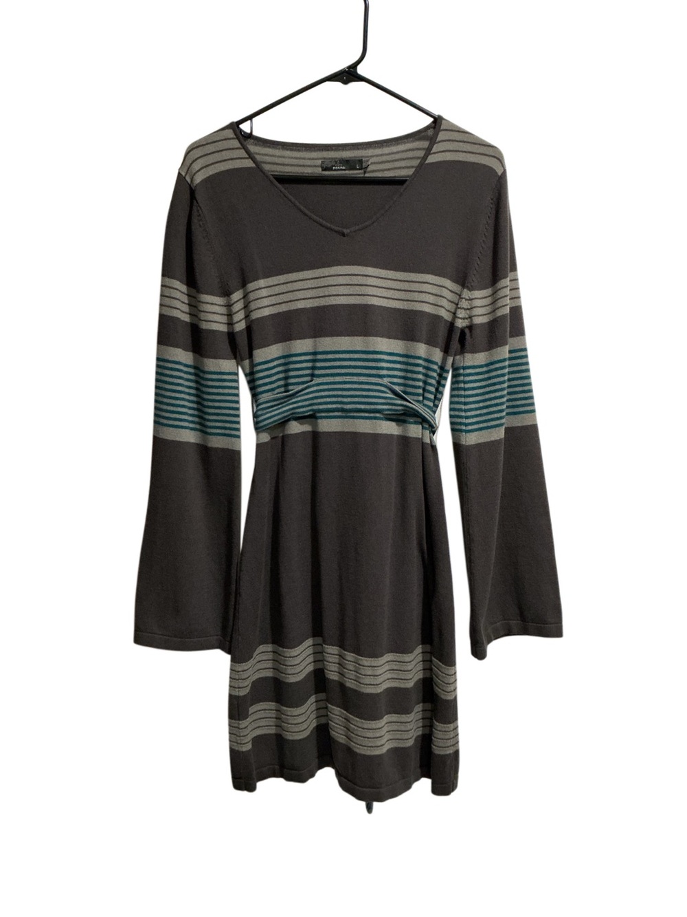 Prana Striped Long-Sleeve V-Neck Dress in Charcoal and Teal